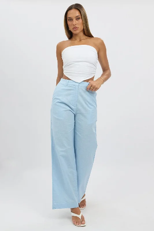 Blue Tailored Pants Wide Leg Relaxed Fit Trousers