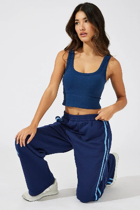 Blue Wide Leg Track Pants Soft Stretch Leggings