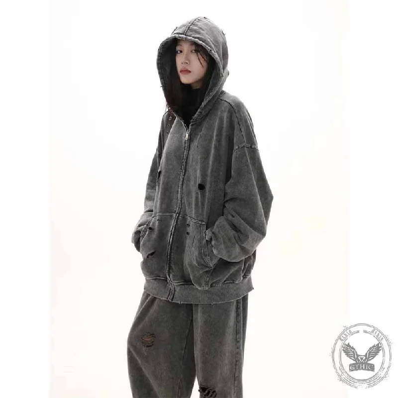 Vintage Street Washed Ripped Hooded Jacket And Pants Anorak Shell Jacket Lightweight Jacket Vintage Street Washed Ripped Hooded Jacket And Pants Anorak Shell Jacket Lightweight Jacket