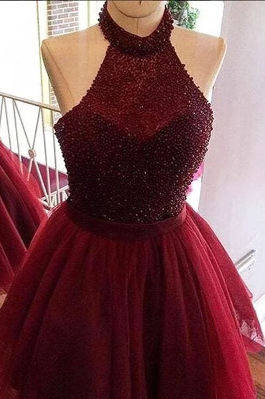 Burgundy Halter Beading Tulle Short Prom/Homecoming Backless Party Dresses Off-the-shoulder Chic Trendy