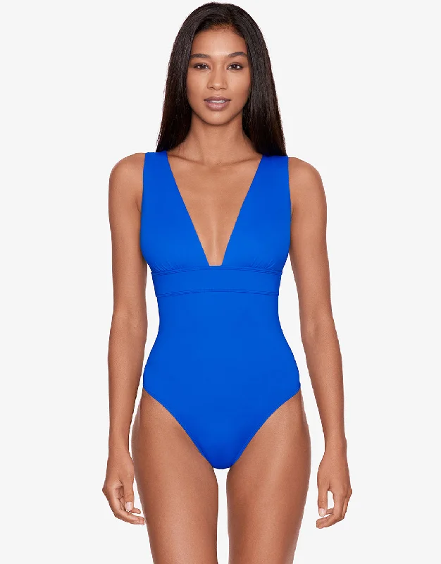 Beach Club Solids Modern V Neck Swimsuit - Royal Blue Classic Monokini Design