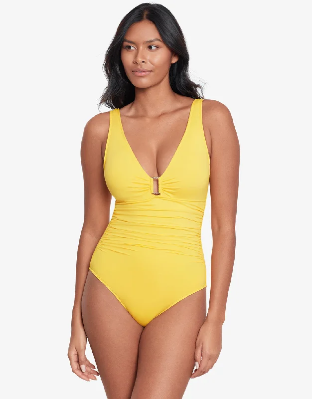 Beach Club Solids Ring Front Swimsuit - Yellow Sleek Mesh Bikini