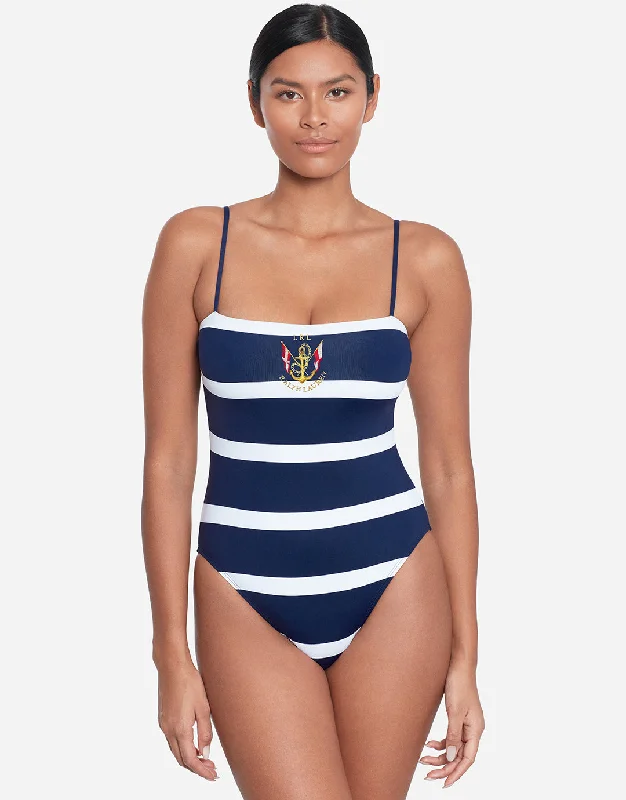 Mariner Stripe Embroidered Square Neck Swimsuit - Navy and White Sleek Racerback Swimsuit