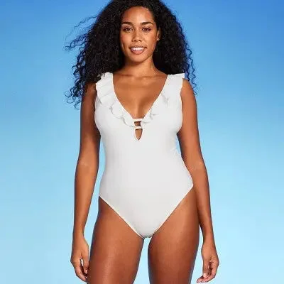 New - Women's Ruffle Plunge One Piece Swimsuit - Shade & Shore Off-White L Chic Bikini Set