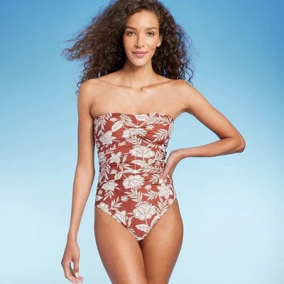 New - Women's Shirred Bandeau One Piece Swimsuit - Shade & Shore Brown Floral Print L V-Neck Swim Dress