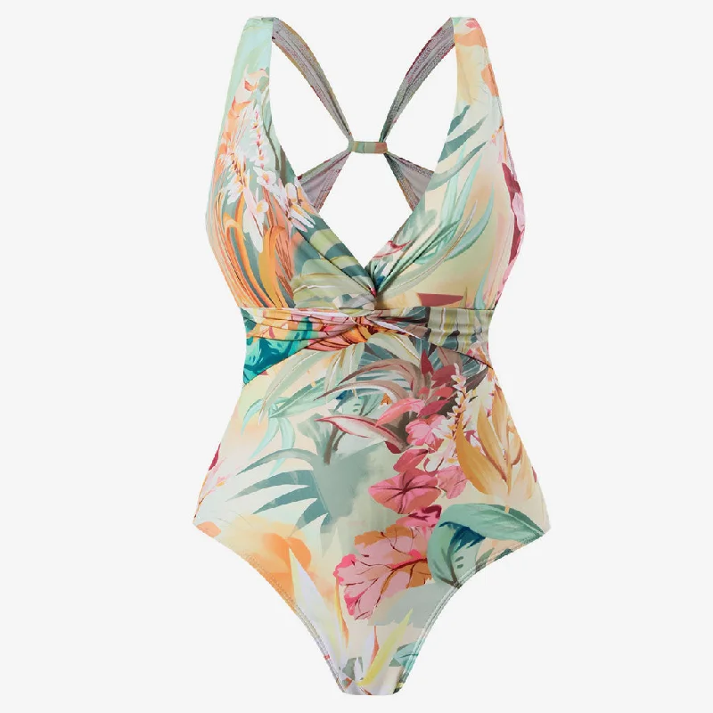 Tropical Print Moderate Twist Knot Cutout Back V Neck One Piece Swimsuit Quick-Dry Swimsuit Tropical Print Moderate Twist Knot Cutout Back V Neck One Piece Swimsuit Quick-Dry Swimsuit