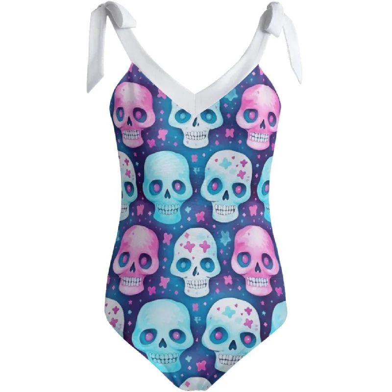 Women's Pink & Blue Skulls Tie Shoulder Onepiece Padded Swimsuit Bold Swimsuit Design